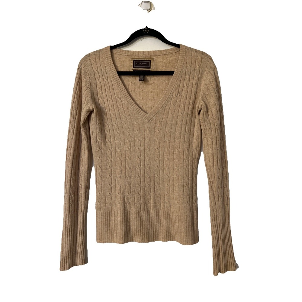 Abercrombie Ezra Fitch Y2K Finest Cashmere Sweater Tan Sz S V Neck Cable Knit